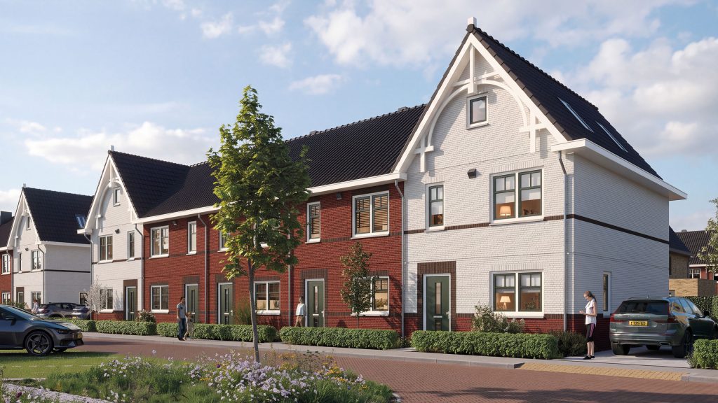 Impressie van De Kwekerij Kerkdriel: rij nieuwbouwwoningen met gevelversiering